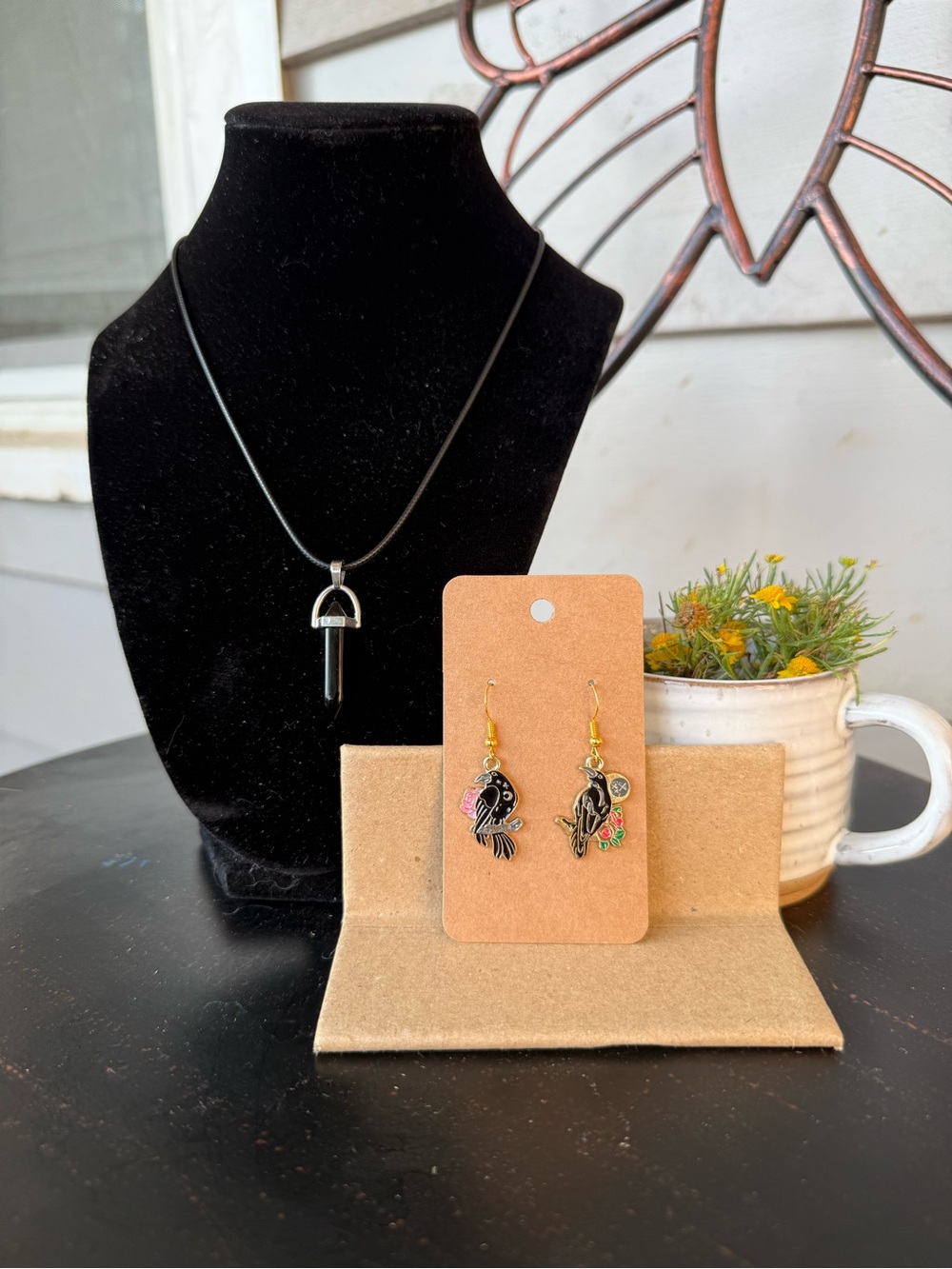 Black Crystal Pendant Necklace and Crow Charm Earrings Set - Women Jewelry